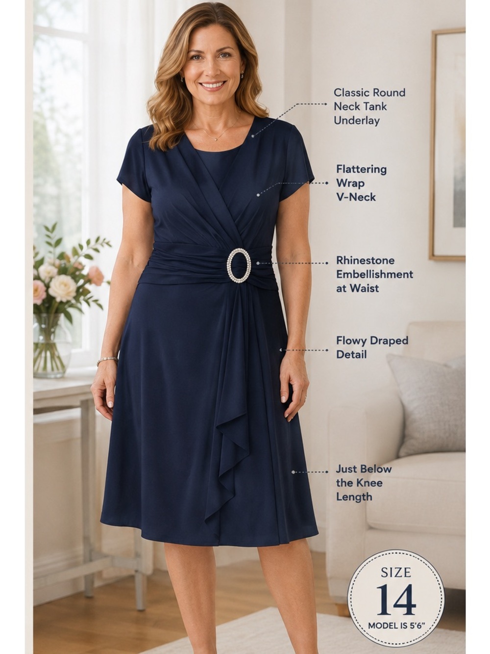 R & M Richards Navy Midi Dress 14 NWOT Rhinestone Embellishment